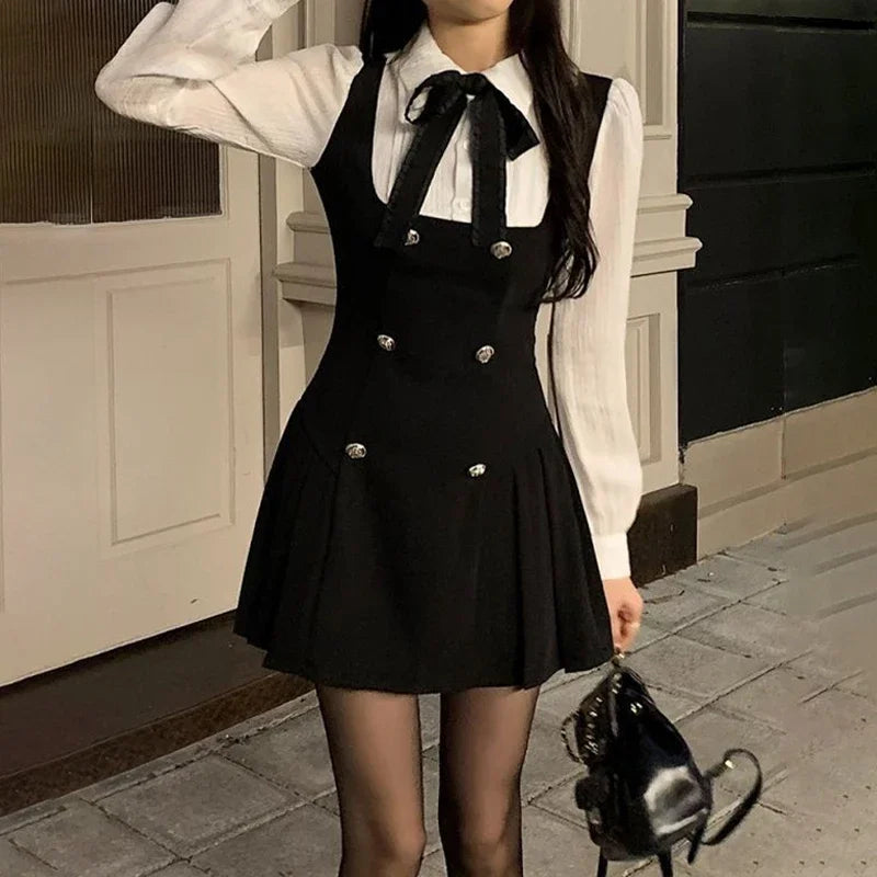 French Pseudo Two-Piece Waist-Cinching Shirt Dress