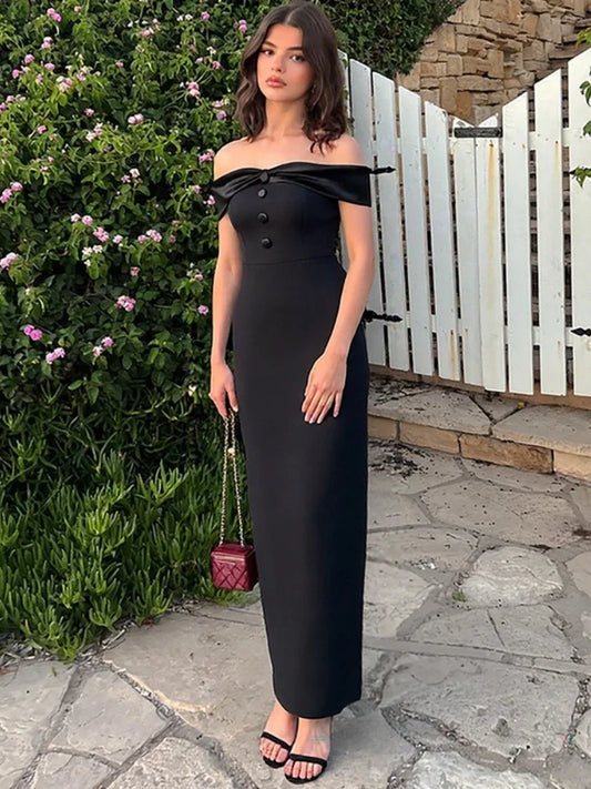 CLO024DJ
Woman Clothes Slash Neck Black Evening Dresses Elegant Female Off Shoulder Buttons Sleeveless Bodycon Split Long Party Dress - Klixstore