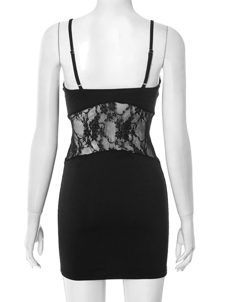 CLO058DJ
Fashion Sexy Lace Patchwork Spaghetti Strap Short Beach Dress Women Sleeveless High Waist See-through Black Party Club Dresses - Klixstore