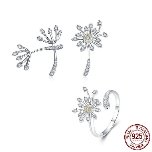JEW009AX  Authentic 925 Sterling Silver Blooming Dandelion Love Flower Clear Cubic Zircon Jewelry Sets - Klixstore