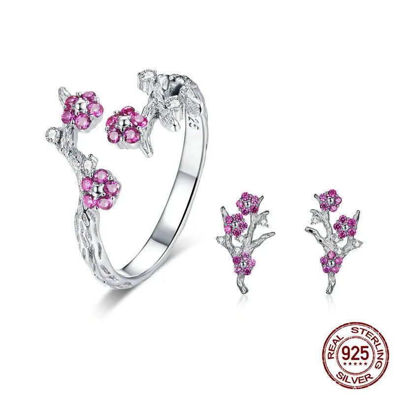 JEW011AX   925 Sterling Silver Blooming Wintersweet Plum Flower Rings Earrings Women Jewelry Sets Zircon - Klixstore