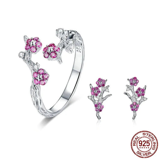 JEW011AX   925 Sterling Silver Blooming Wintersweet Plum Flower Rings Earrings Women Jewelry Sets Zircon - Klixstore