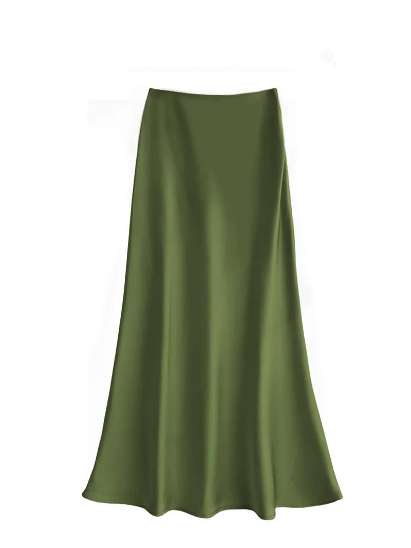 Elegant High Waist Satin Midi Skirt for Women