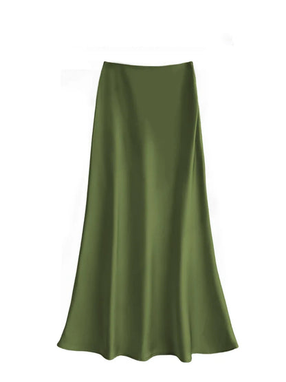 Elegant High Waist Satin Midi Skirt for Women
