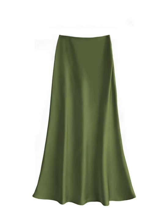Elegant High Waist Satin Midi Skirt for Women