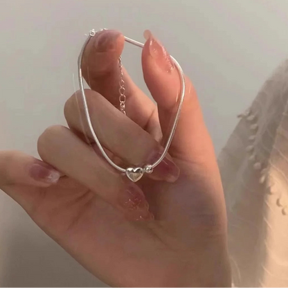 Heart Charm Snake Chain 925 Sterling Silver Bracelet