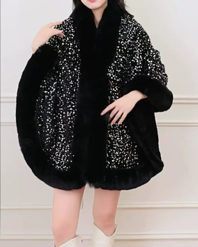 Women's Short Winter Jacket with Fur Collar and Sequin Shawl 2025