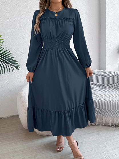 Solid Color Lotus Leaf Hem Midi Dress – Long Sleeve