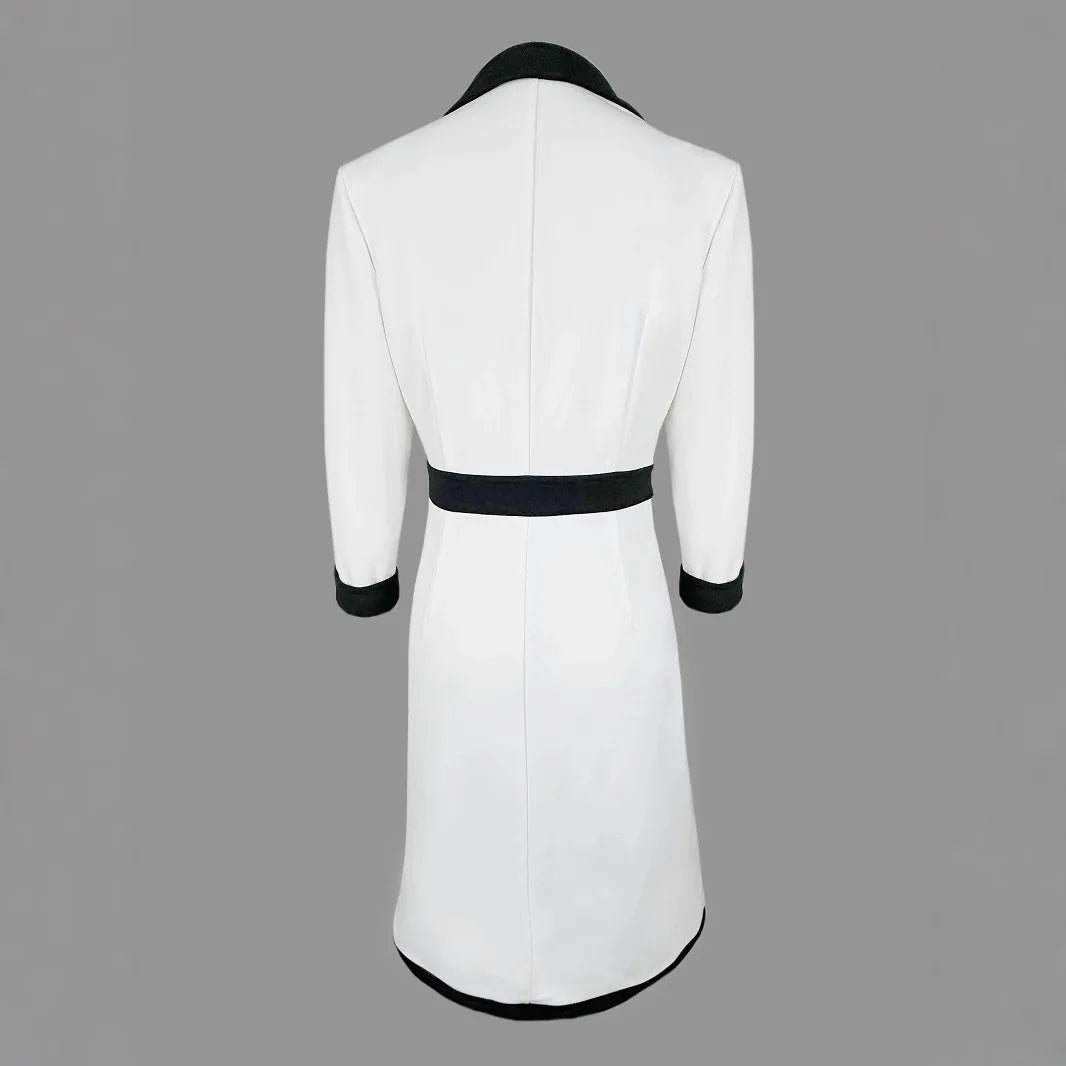 V-Neck Button Color-Block Long Sleeve A-Line Dress | Office & Commuter Style