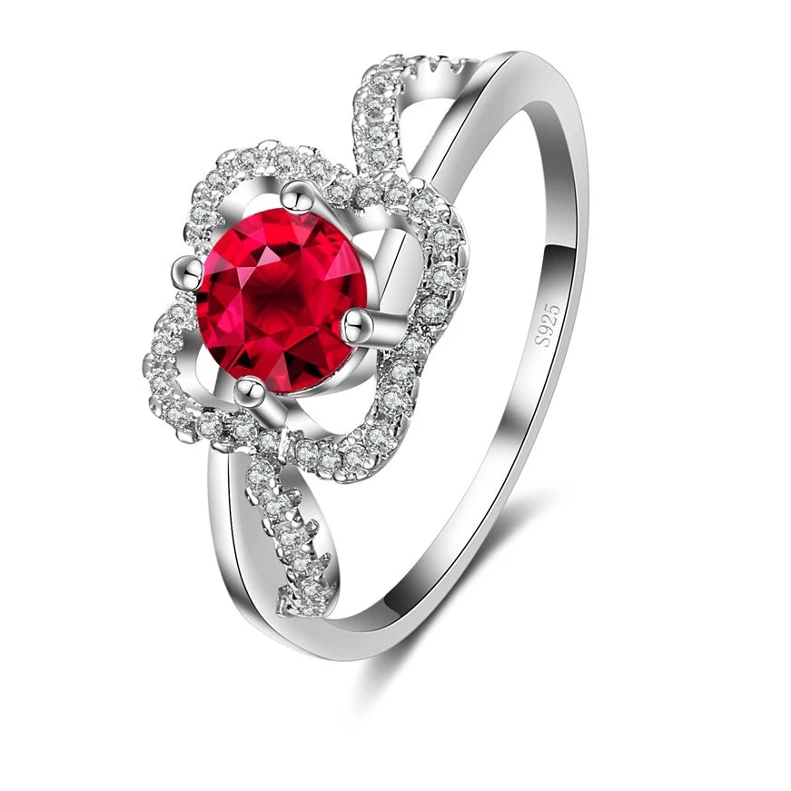 Red Stone CZ Crystal 925 Sterling Silver Ring for Women