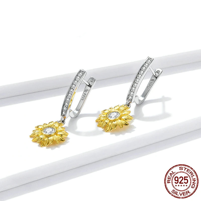 JEW010AX  Silver Sunflower Jewelry Set 925 Sterling Silver Gold Color Lucky Necklace Earring Gift for Women - Klixstore