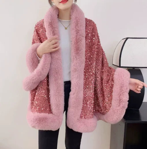 Women's Short Winter Jacket with Fur Collar and Sequin Shawl 2025