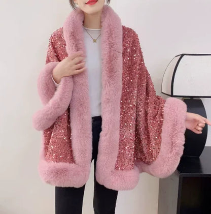 Women's Short Winter Jacket with Fur Collar and Sequin Shawl 2025