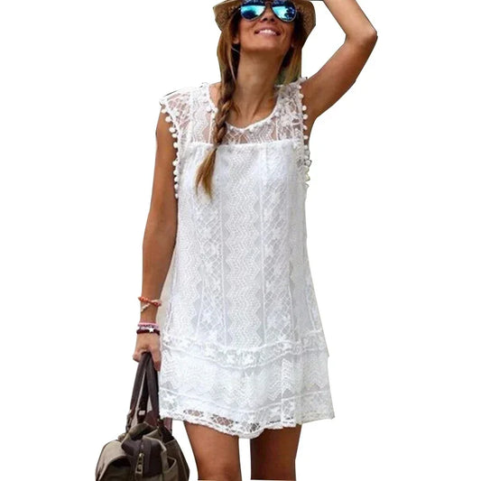 Sleeveless White Lace Tassel Mini Dress