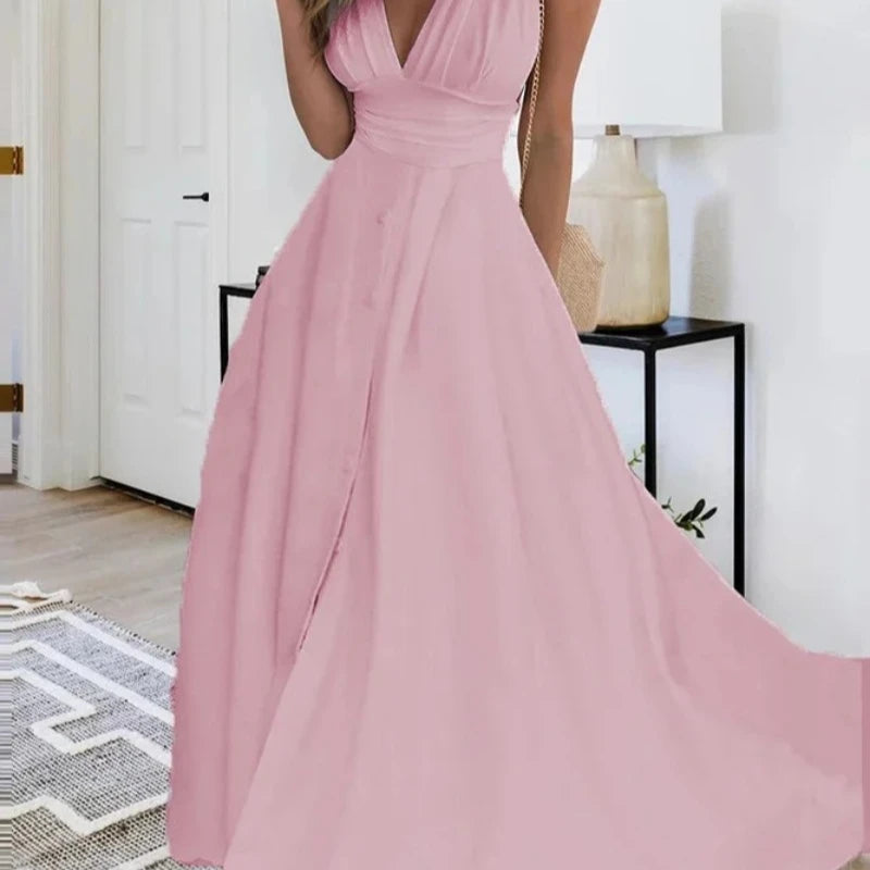 Solid Color V-Neck Sleeveless Long Sundress