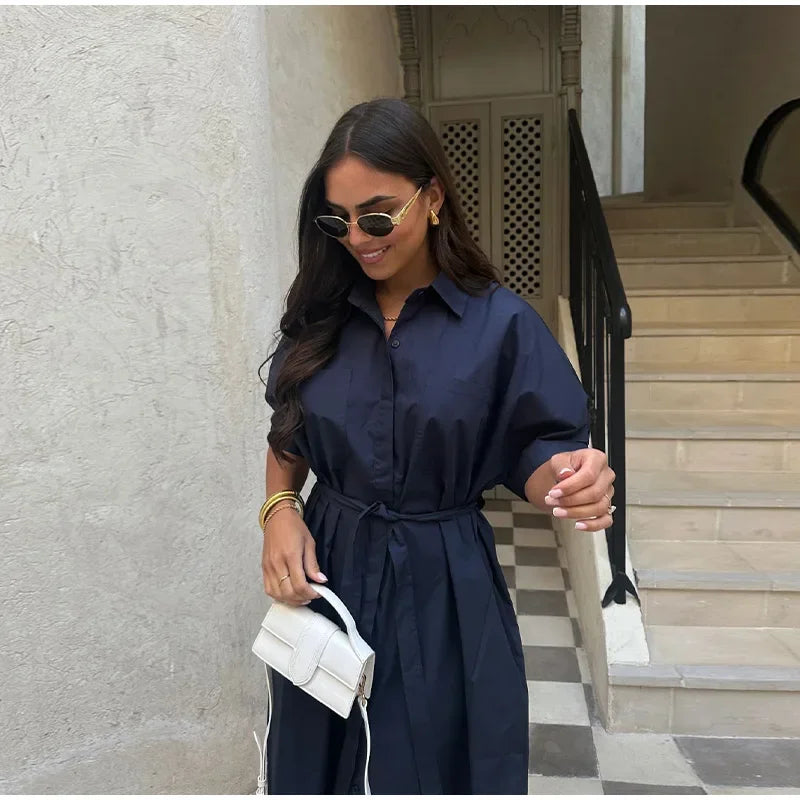 Lace Up Short Sleeve Shirt Dress