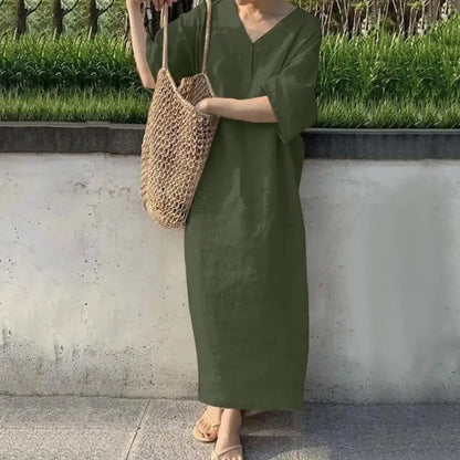 Retro V-Neck Cotton Linen Midi Dress