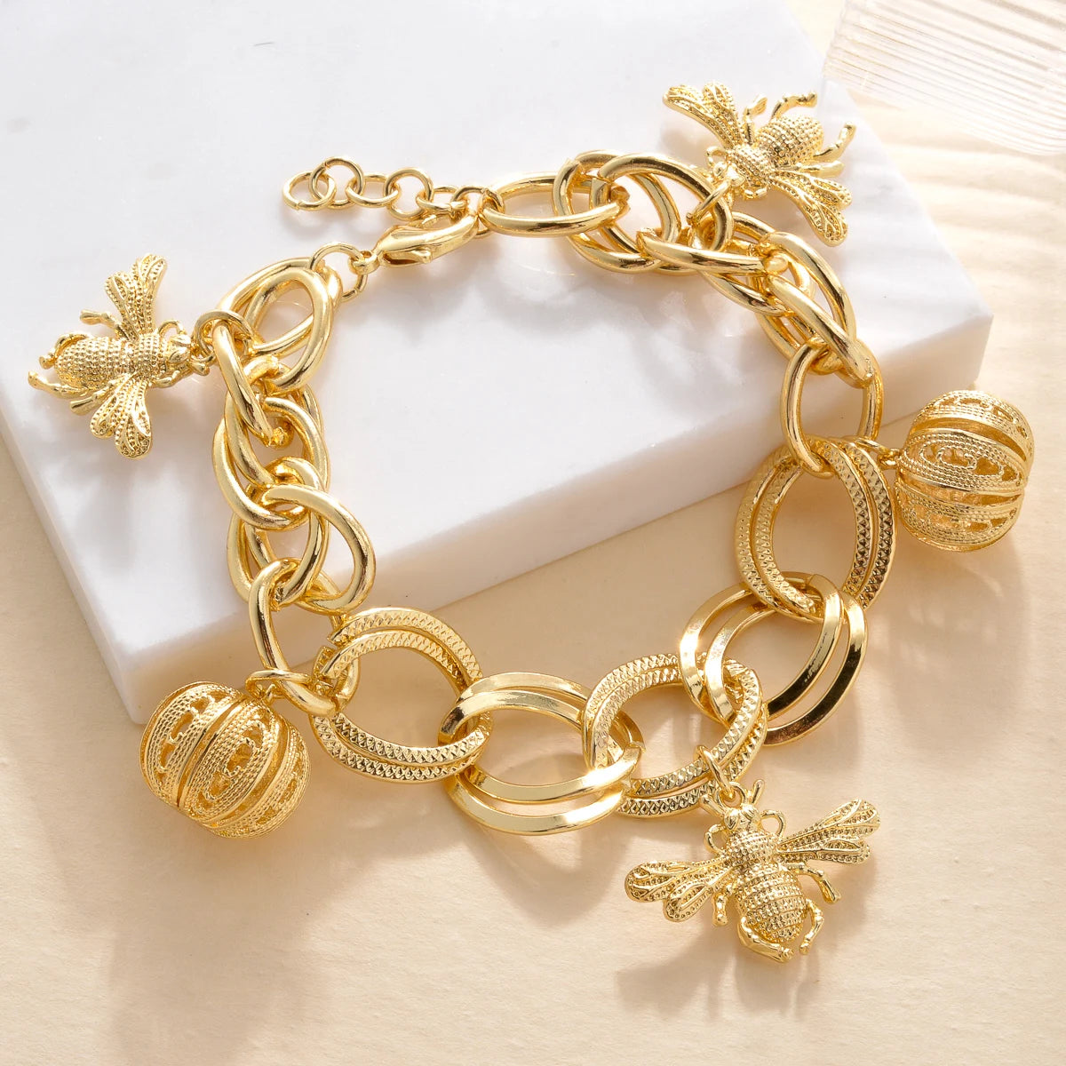 Gold Bee Pumpkin Charm Bracelet