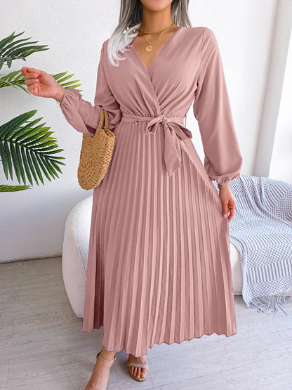 Women's Elegant V-Neck Pleated Maxi Dress