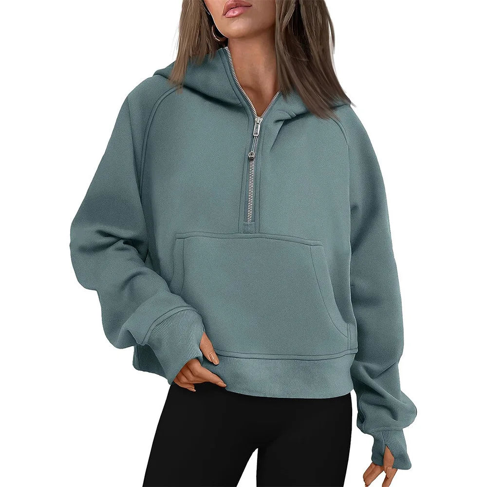 Cropped Half Zip Fleece Hoodie for Women