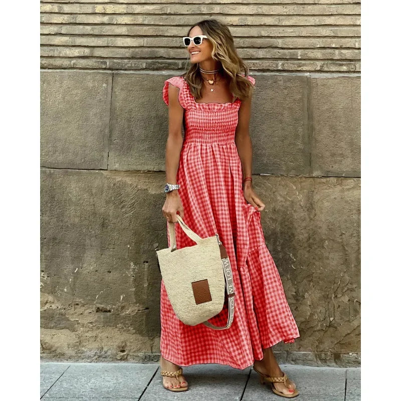 Elegant Plaid Ruffle Slip Maxi Dress