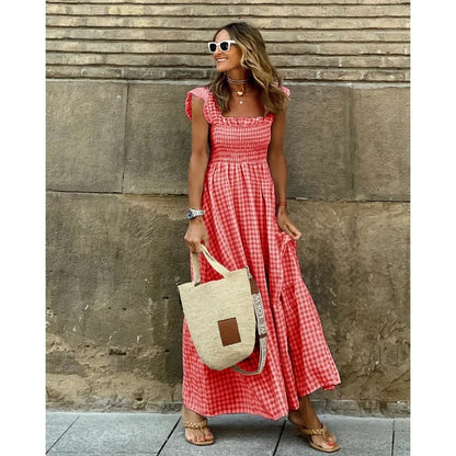 Elegant Plaid Ruffle Slip Maxi Dress