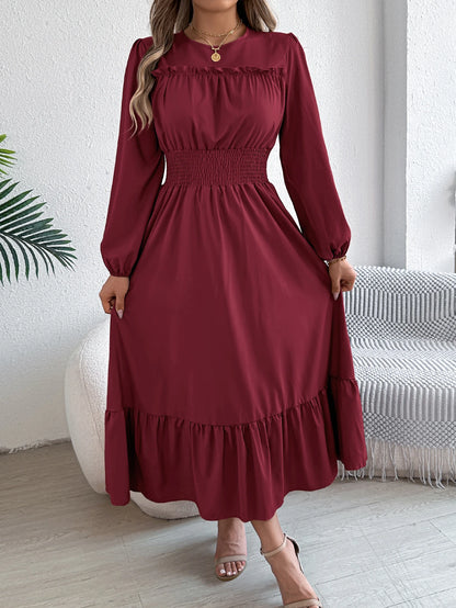 Solid Color Lotus Leaf Hem Midi Dress – Long Sleeve