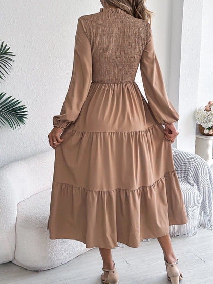 Smocked Tiered Ruffle Midi Dress – Long Sleeve | Burgundy, Dark Green, Khaki