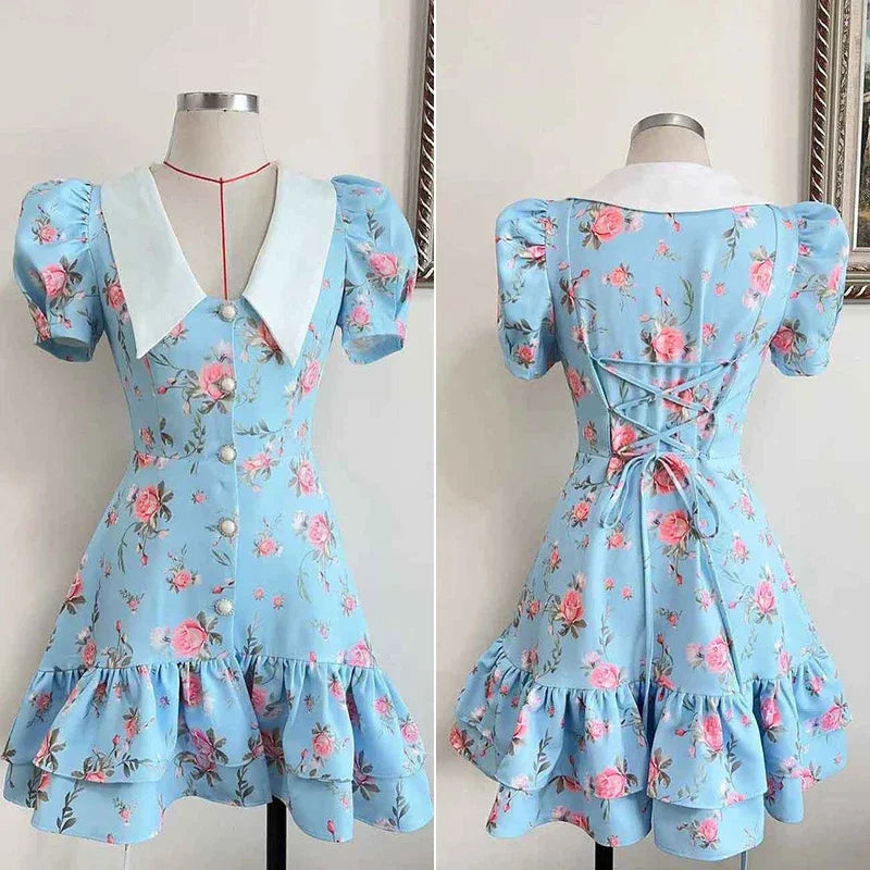 Puff Sleeve V-Neck Ruffled Mini Dress