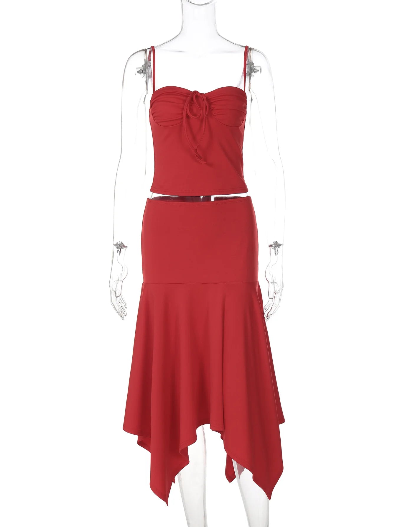 CLO001DJ
Woman Clothing Sexy Lace-up Camisoles Top+Asymmetrical Midi Skirts Set Holiday Beach Outfit Black Red Solid Dresses 2 Piece Sets - Klixstore