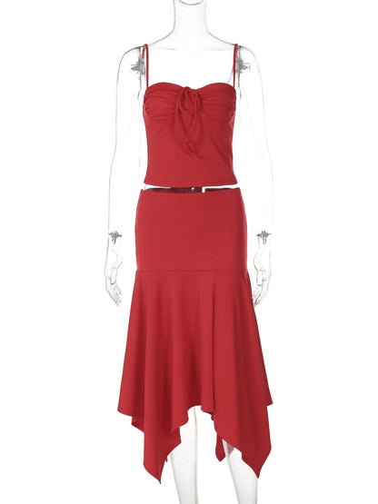 CLO001DJ
Woman Clothing Sexy Lace-up Camisoles Top+Asymmetrical Midi Skirts Set Holiday Beach Outfit Black Red Solid Dresses 2 Piece Sets - Klixstore
