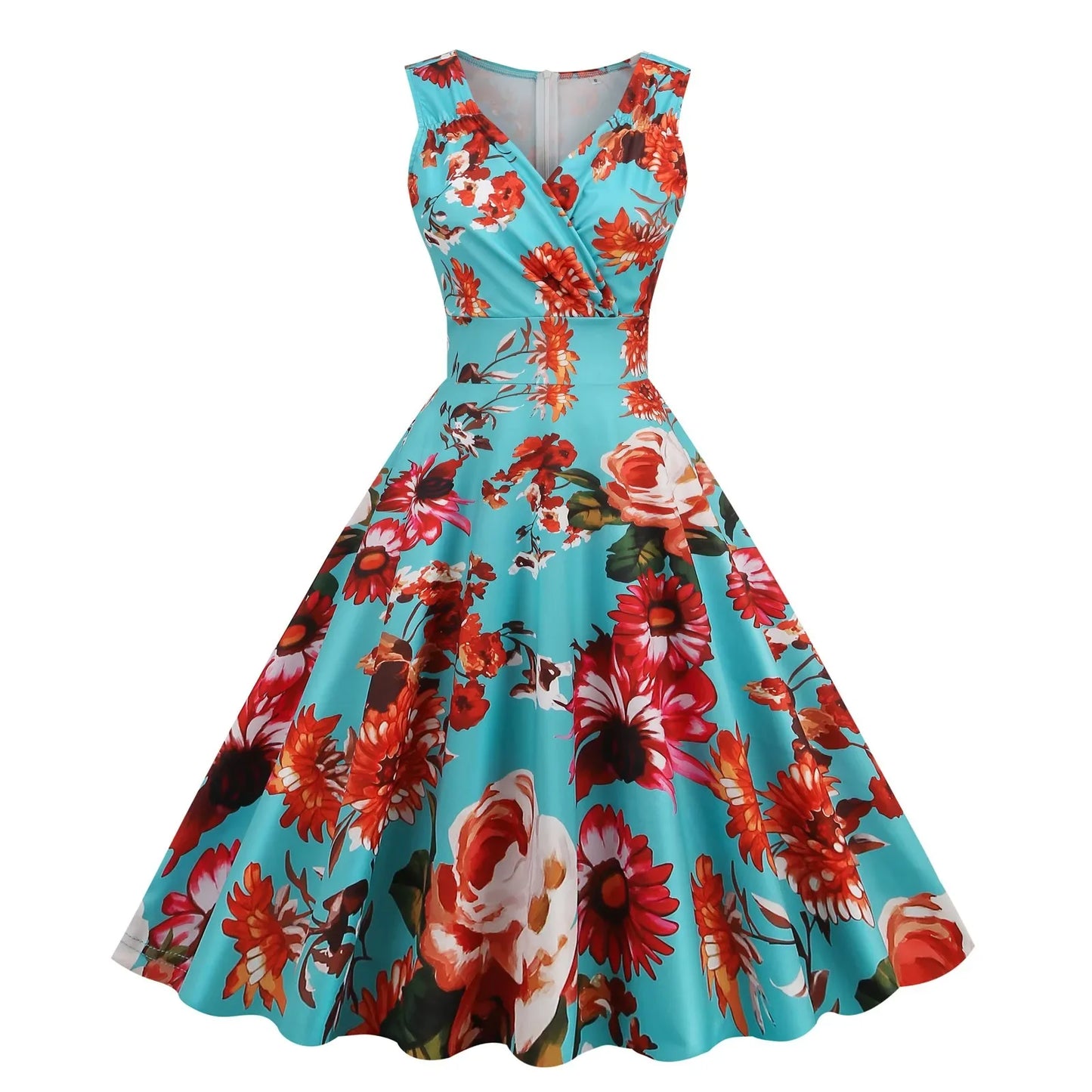 V Neck Floral A-line Pleated Sundress