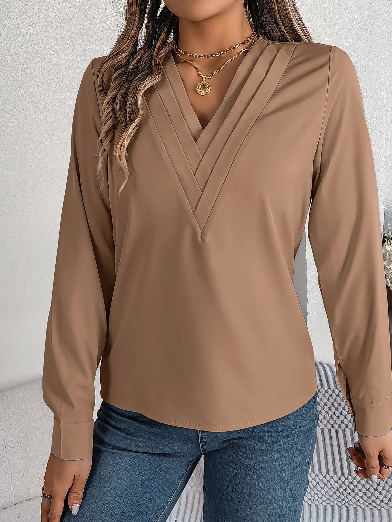 VigoCasey 2025 Elegant V-Neck Long Sleeve Women’s Top
