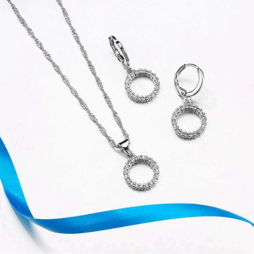 Elegant Beaded CZ Necklace & Hoop Earrings Bridal Set in 925 Sterling Silver