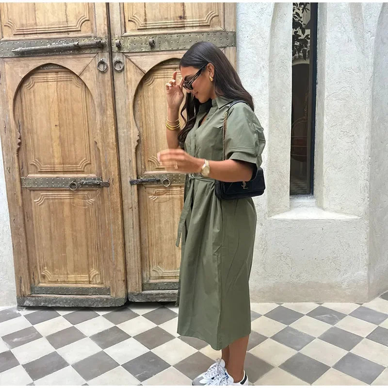 Lace Up Short Sleeve Shirt Dress