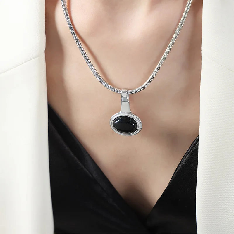 Oval Black Onyx Pendant Necklace for Women