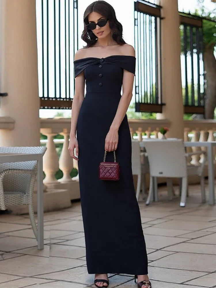 CLO024DJ
Woman Clothes Slash Neck Black Evening Dresses Elegant Female Off Shoulder Buttons Sleeveless Bodycon Split Long Party Dress - Klixstore