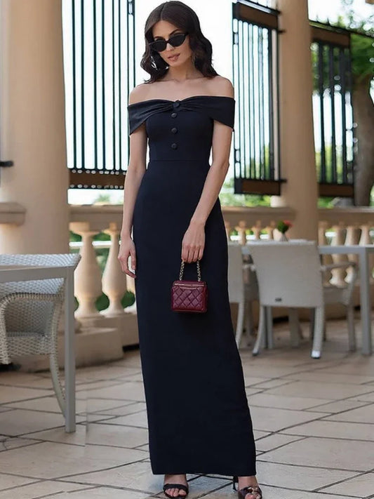 CLO024DJ
Woman Clothes Slash Neck Black Evening Dresses Elegant Female Off Shoulder Buttons Sleeveless Bodycon Split Long Party Dress - Klixstore