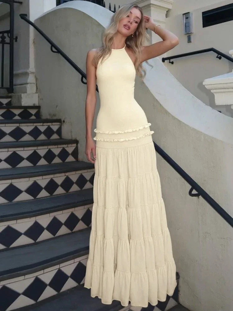 CLO011DJ
 Women's Halter Neck Backless Ruched Long Holiday Dresses Sexy Sleeveless Lace-up High Waist A-line Evening Party Dress - Klixstore