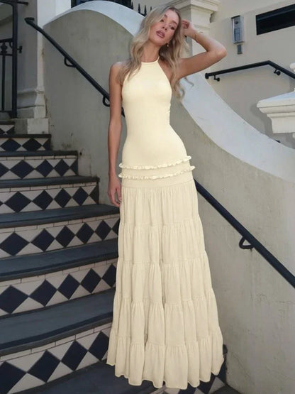 CLO011DJ
 Women's Halter Neck Backless Ruched Long Holiday Dresses Sexy Sleeveless Lace-up High Waist A-line Evening Party Dress - Klixstore