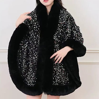 Women's Short Winter Jacket with Fur Collar and Sequin Shawl 2025