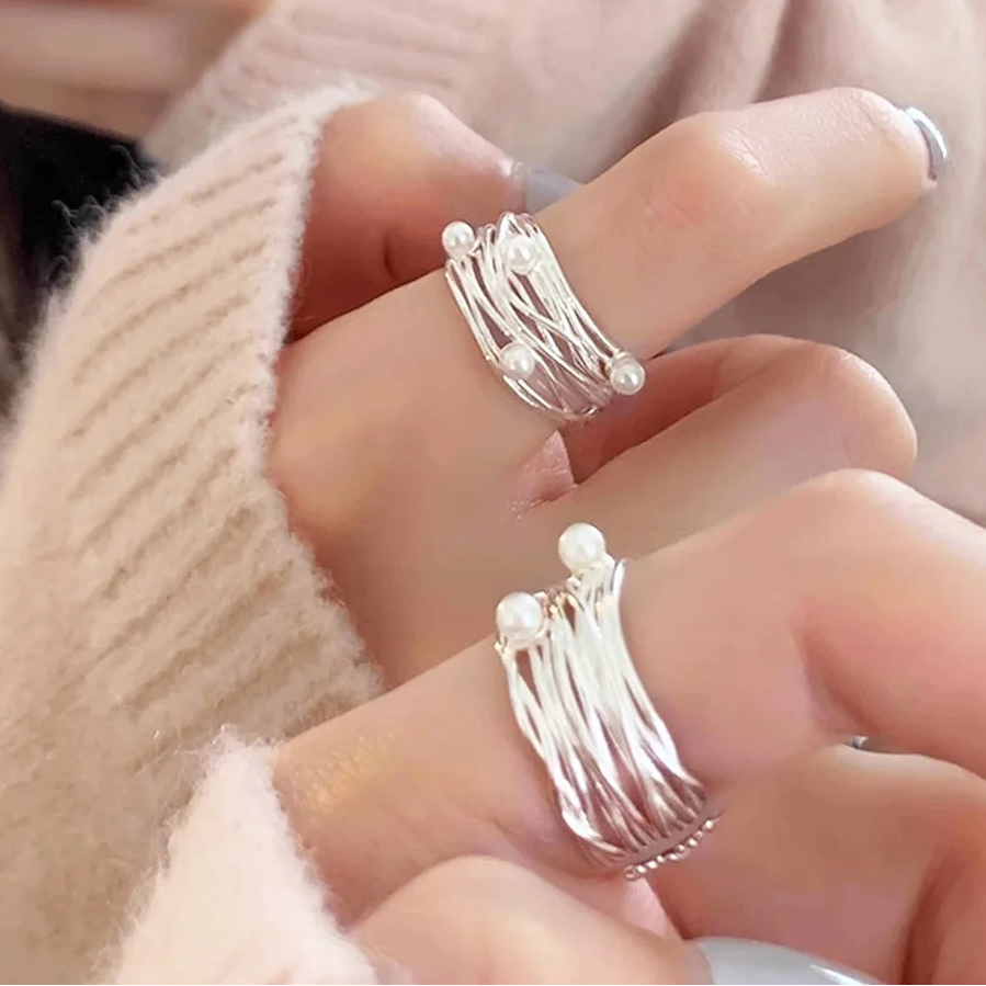 Trendy 925 Sterling Silver Adjustable Pearl Ring for Women