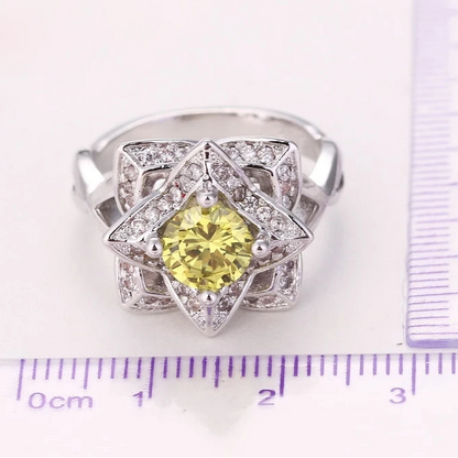 925 Sterling Silver Yellow CZ Crystal Engagement Ring for Women