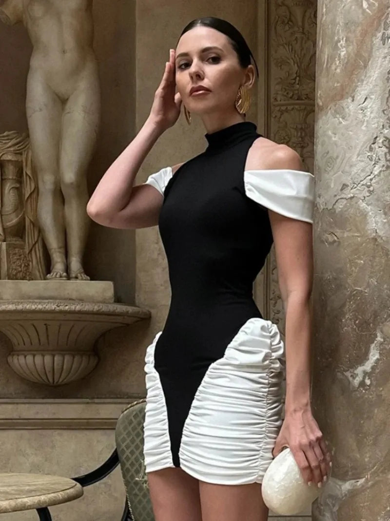 Sleeveless Off Shoulder Patchwork Pleated Party Dress