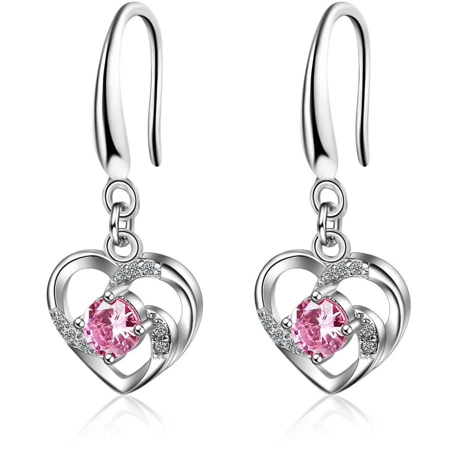 925 Sterling Silver Heart Crystal Dangle Earrings for Women