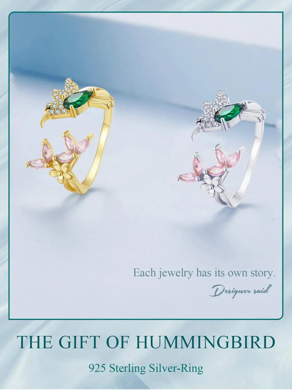 JEW023R    925 Sterling Silver Hummingbird Open Ring Dazzing CZ Adjustable Finger - Klixstore