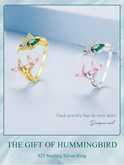 JEW023R    925 Sterling Silver Hummingbird Open Ring Dazzing CZ Adjustable Finger - Klixstore