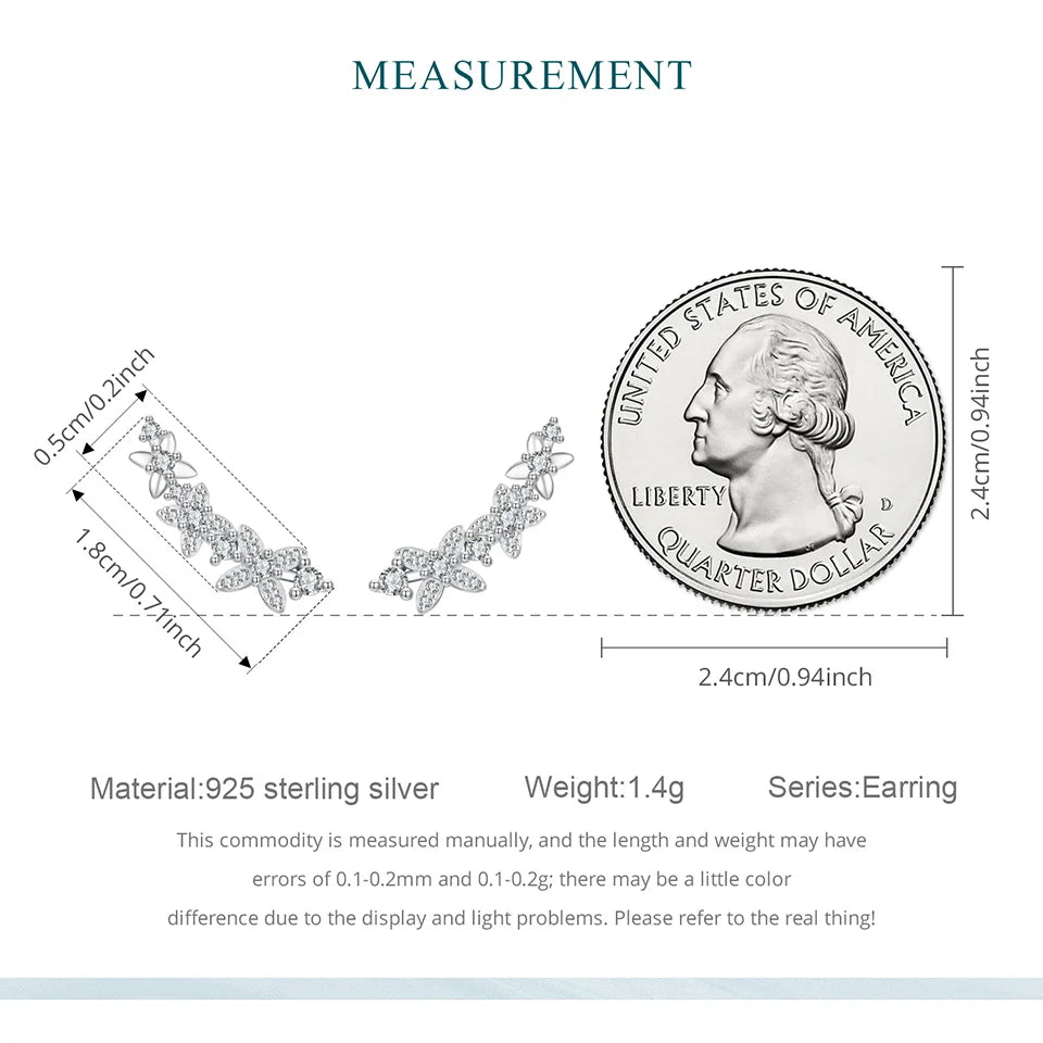 JEW030ER
 925 Sterling Silver Clover Crawler Stud Earrings Sparkling Zircons Branch-shaped Ear Cuffs - Klixstore