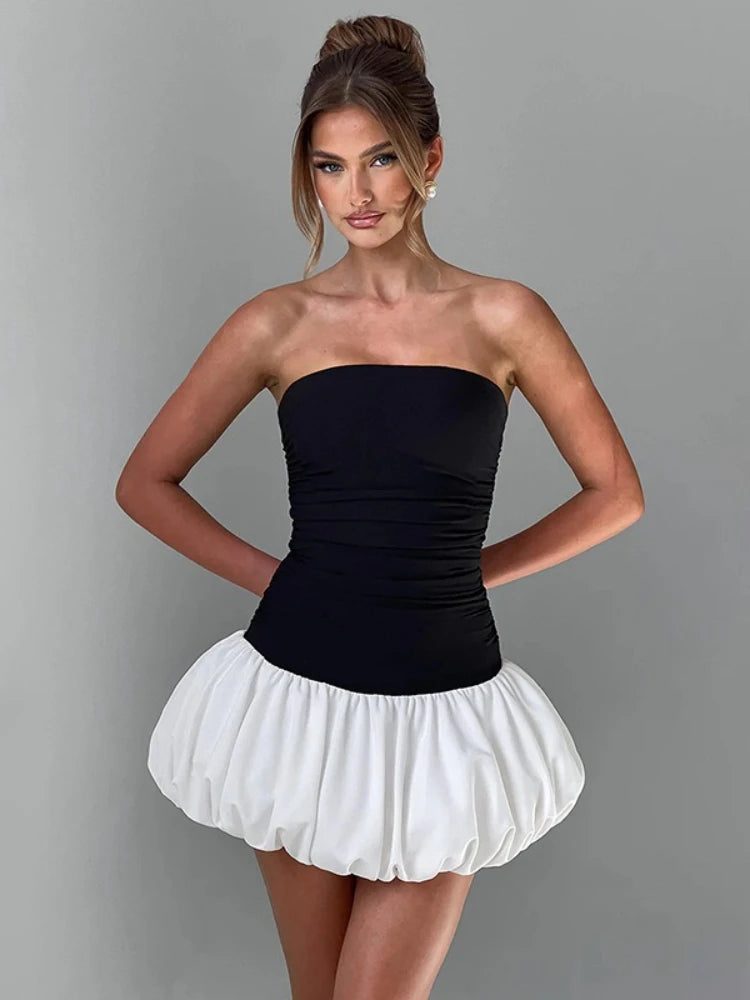 CLO040DJ
Sexy Off Shoulder Mini Ball Gowns Women's Summer Black White Patchwork Pleated Sleeveless Backless - Klixstore