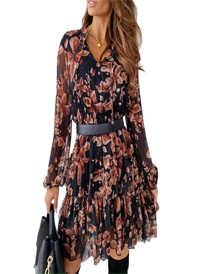 Floral V-Neck Ruffled A-Line Wrap Dress